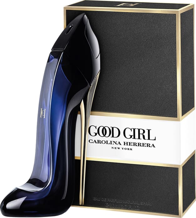 Frasco de perfume Carolina Herrera de design elegante e enigmático, com corpo preto brilhante e detalhes em dourado.
