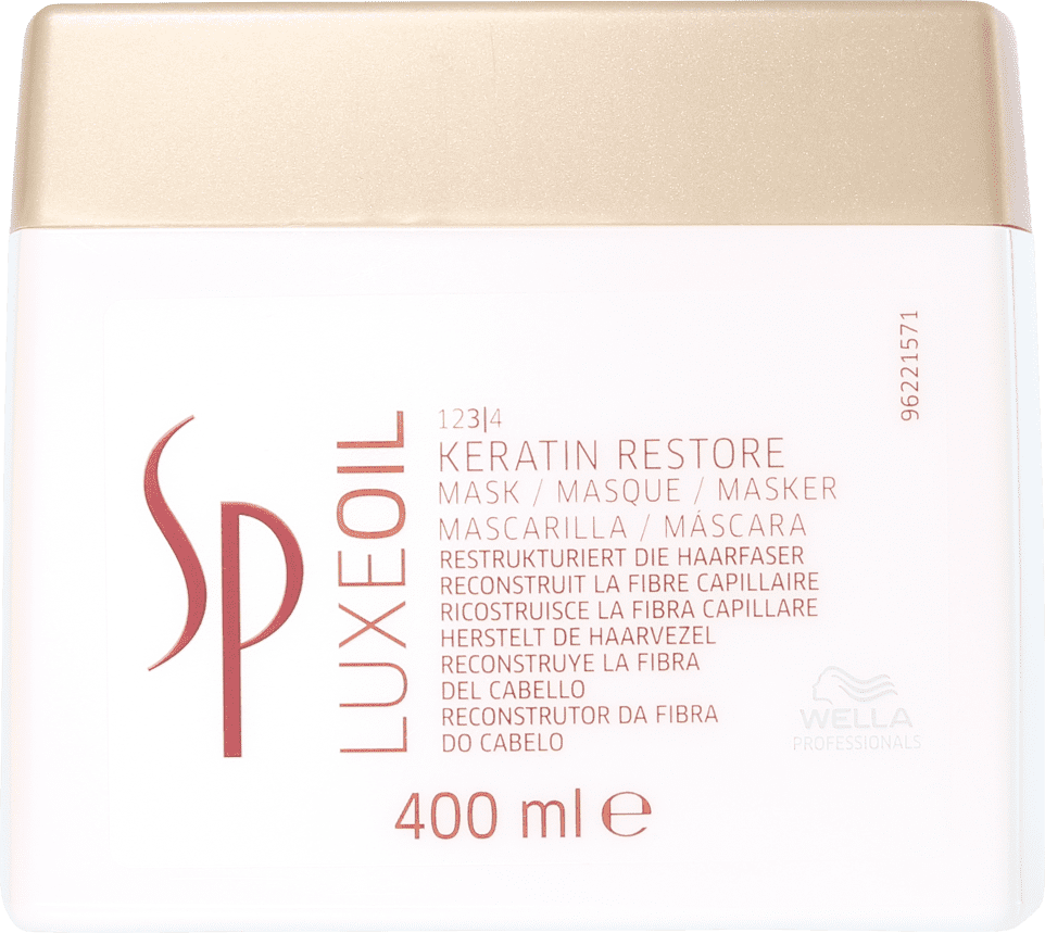 Frasco branco e bege da linha Keratin Restore da marca SP System Professional, contendo 400 ml de máscara restauradora de queratina para cabelos.