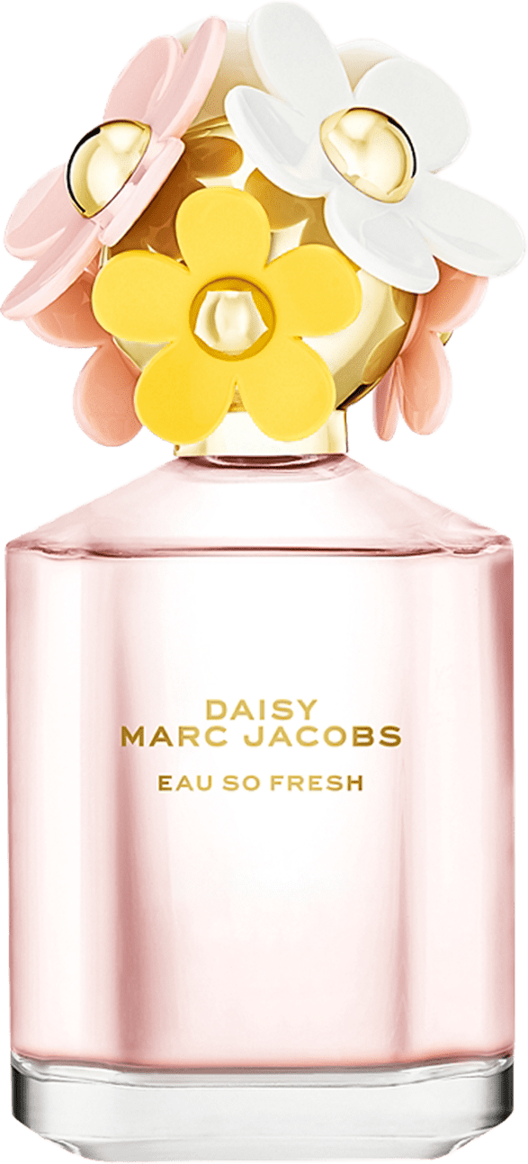 Frasco de perfume rosa da linha Daisy Marc Jacobs, com tampa decorada com flores amarelas e brancas. Rótulo com o nome da fragrância "Daisy Marc Jacobs Eau So Fresh" em letras douradas.