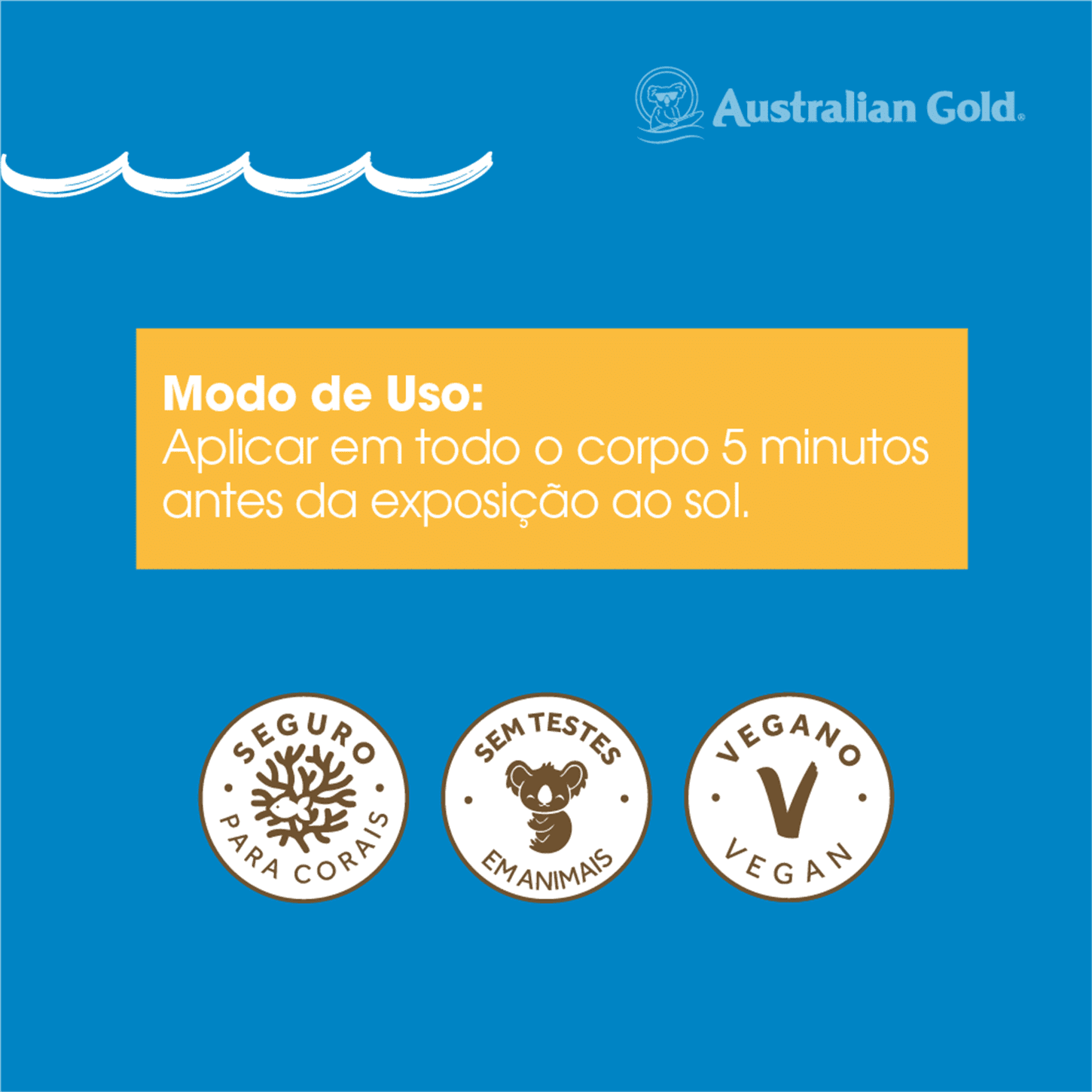 Instruções de uso em português: "Aplicar em todo o corpo 5 minutos antes da exposição ao sol". Três selos indicando que é seguro para o corpo, não testado em animais e vegano.