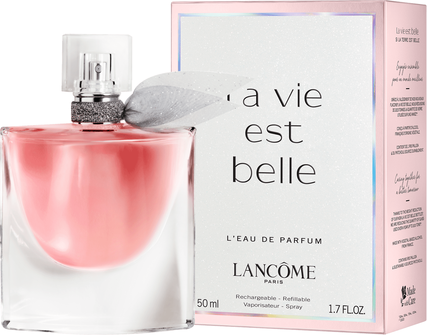 Frasco de perfume Lancôme La Vie Est Belle com tampa decorada, contendo líquido rosa brilhante. Embalagem de vidro transparente com detalhes prateados. Produto com aparência elegante e sofisticada.