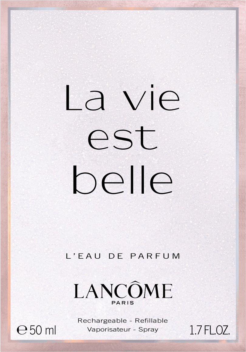 Frasco de perfume Lancôme La Vie Est Belle com tampa decorada, contendo líquido rosa brilhante. Embalagem de vidro transparente com detalhes prateados. Produto com aparência elegante e sofisticada.