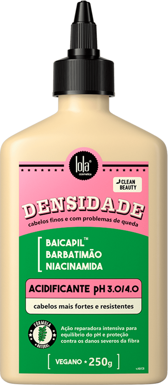 Frasco de tratamento capilar Densidade da marca Lola From Rio, com fórmula à base de baicapil, barbatimão e niacinamida, com pH acidificante de 3.0/4.0, para cabelos mais fortes e resistentes.