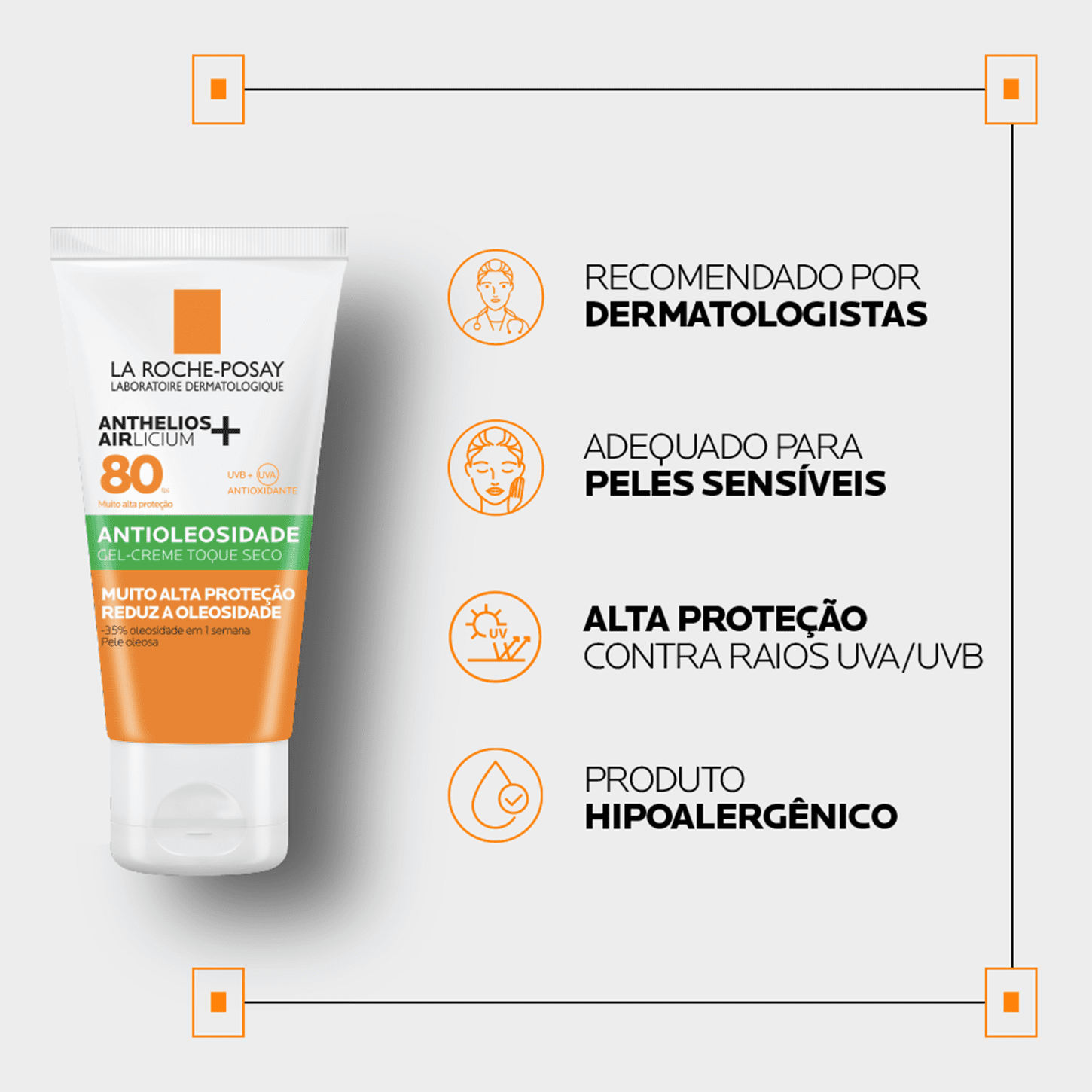 Embalagem do Protetor Solar Anthelios Airlicium FPS 80, da marca La Roche-Posay. Recomendado por dermatologistas, adequado para pele sensível, alta proteção contra raios UVA/UVB, produto hipoalergênico.