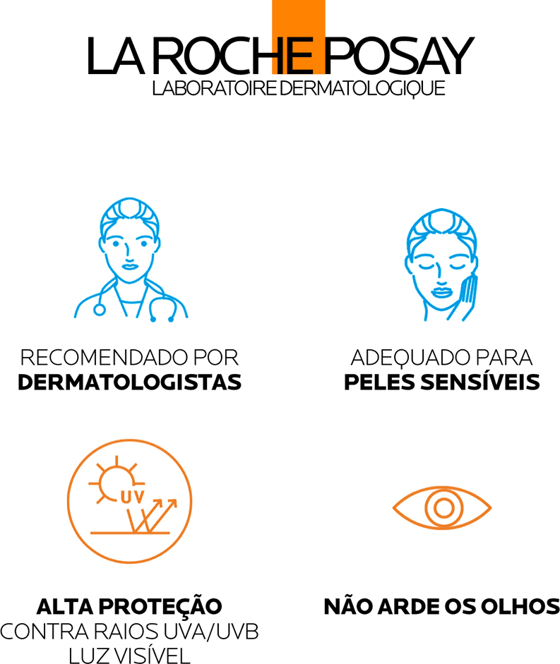 LA ROCHE POSAY LABORATOIRE DERMATOLOGIQUE
RECOMENDADO POR DERMATOLOGISTAS
ADEQUADO PARA PELES SENSÍVEIS
ALTA PROTEÇÃO CONTRA RAIOS UVA/UVB LUZ VISÍVEL
NÃO ARDE OS OLHOS