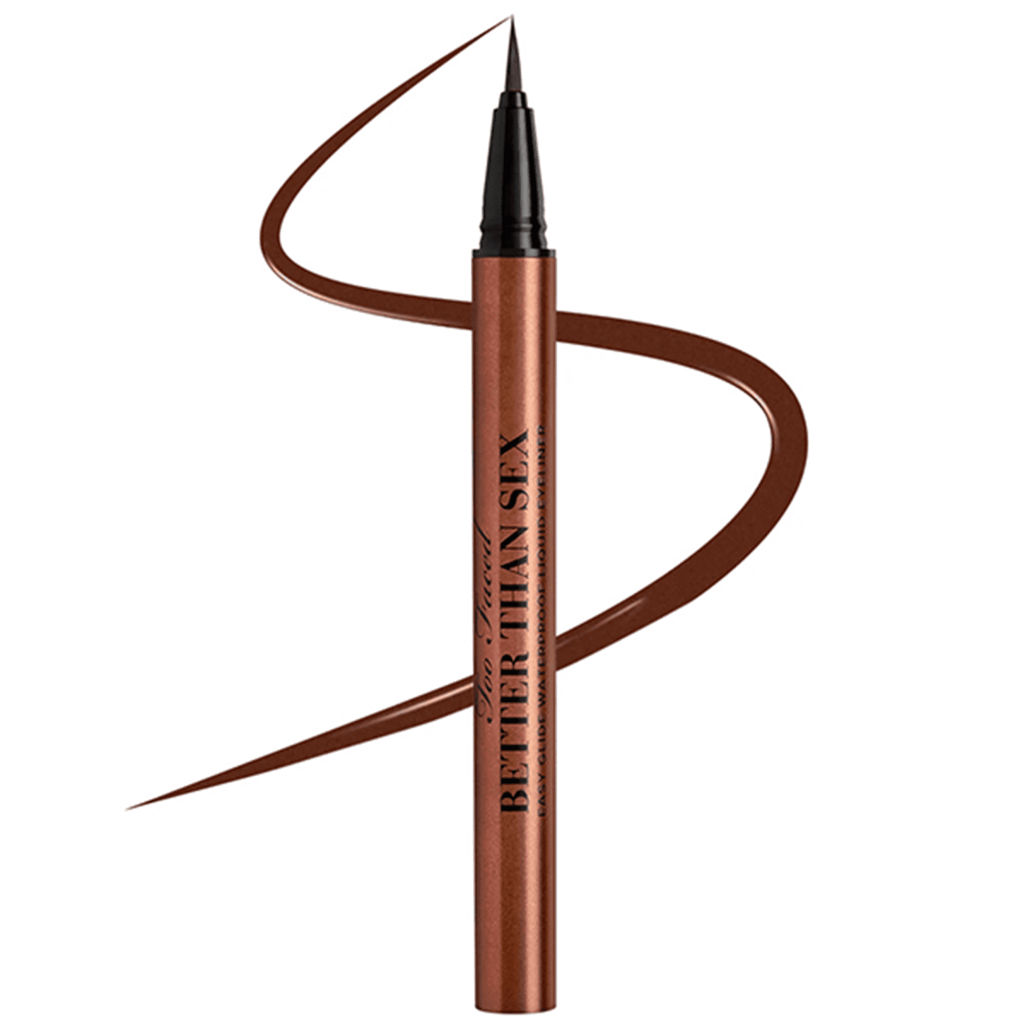 Delineador líquido para olhos Too Faced. Embalagem alongada e fina em tons de marrom metálico. Rótulo com o nome do produto "Better Than Stix" impresso na lateral da embalagem. A ponta do delineador forma uma linha sinuosa que se estende pela lateral.