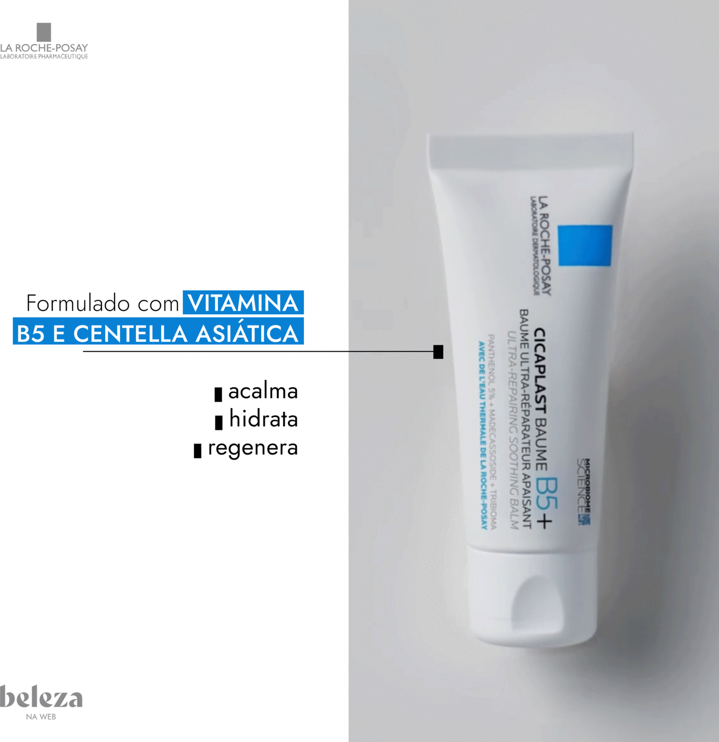 Tubo branco de 100 ml do produto de cuidados com a pele Cicaplast Baume B5+ da marca La Roche-Posay, com rótulo azul destacando seus benefícios de cuidado e restauração da barreira cutânea.