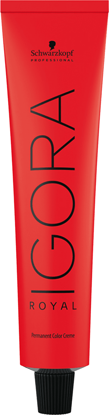 Coloração de cabelo da marca Schwarzkopf Professional, na cor vermelho, com o nome "Igora Royal" impresso em preto. O produto é descrito como uma tintura de cabelo permanente.