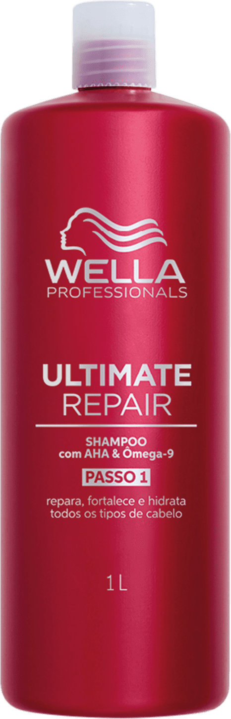 Shampoo Ultimate Repair da linha Wella Professionals. Embalagem vermelha com capacidade de 1 litro. Texto Ultimate Repair, informações sobre o produto e logotipo da marca Wella em branco.