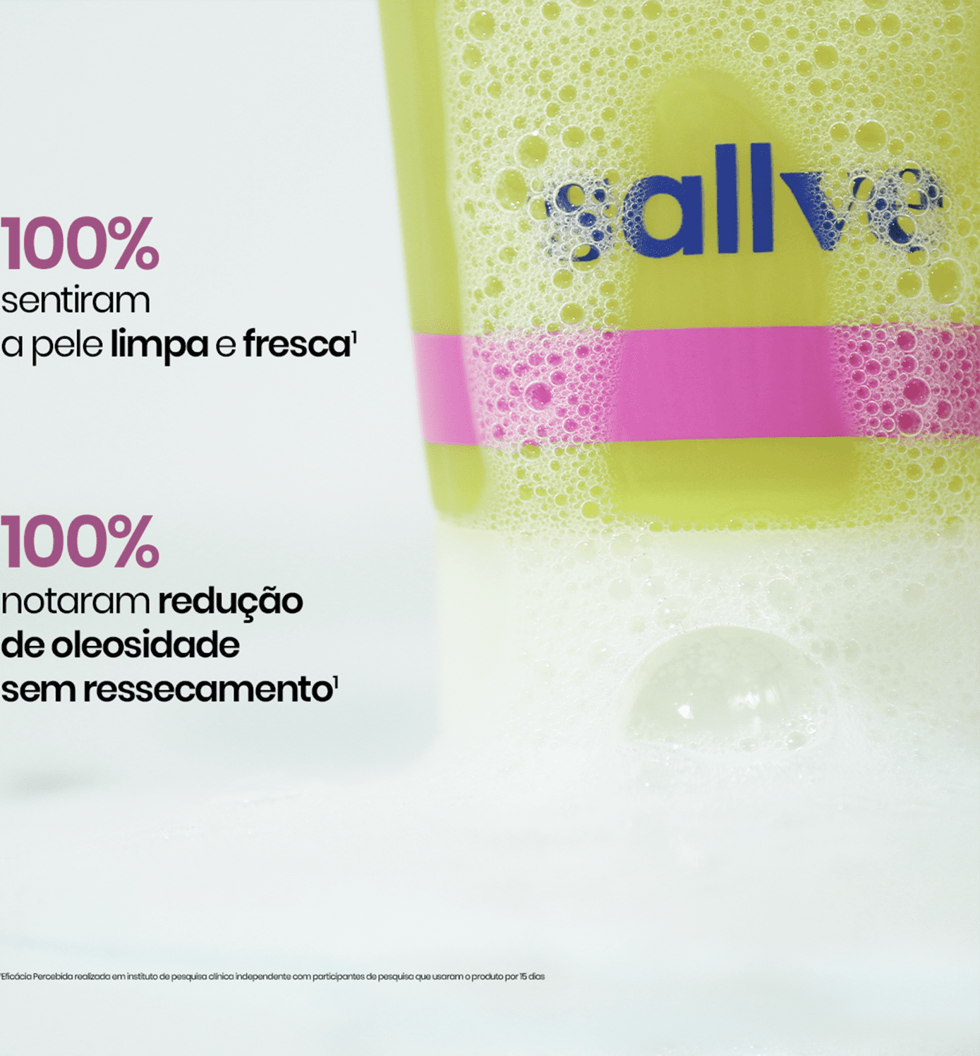 O item de skincare apresenta bolhas e espuma em tons de verde e rosa. O texto indica que o produto oferece 100% de limpeza e frescor, além de 100% de redução de oleosidade sem ressecamento.
