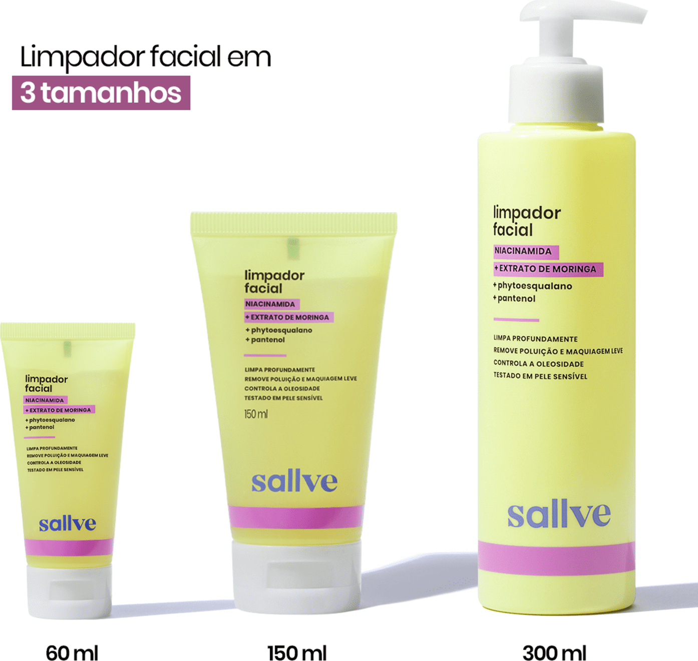 Três embalagens de limpador facial da marca Sallve em diferentes tamanhos: 60 ml, 150 ml e 300 ml. As embalagens têm cores predominantes de amarelo e roxo, com informações sobre os ingredientes e benefícios do produto. 