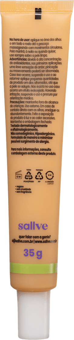 Tubo de creme de 35g da marca Sallve, com embalagem de cor laranja e detalhes em verde, contendo informações sobre o produto em português.