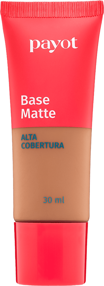 A imagem mostra um um tubo plástico de base da marca Payot. Na metade do tubo ele é transparente para apresentar a cor do produto e o outro restante é vermelho, assim como a tampa. Na embalagem consta marca, acabamento, cobertura e volumetria.