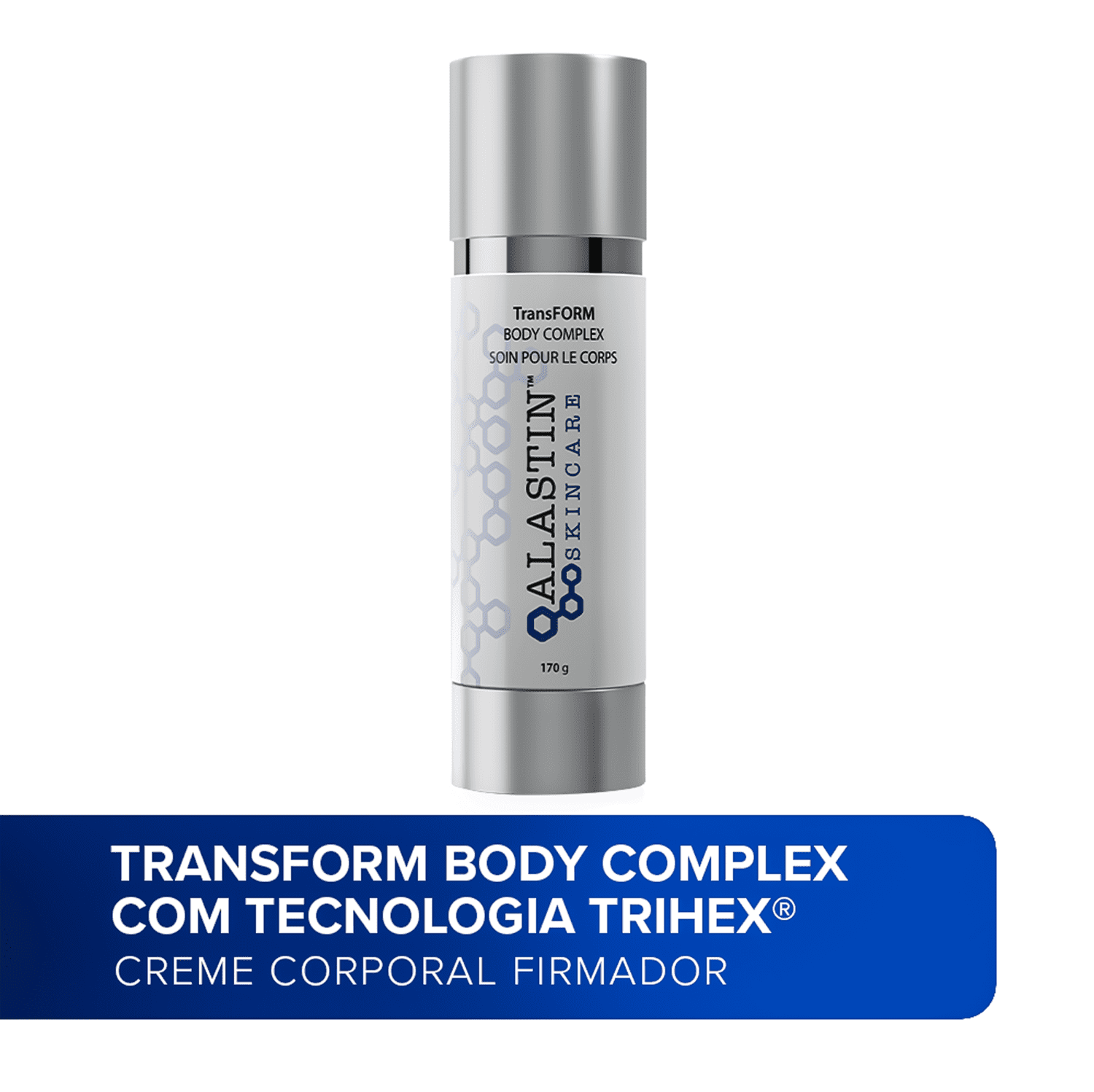 Creme firmador corporal Alastin. Abaixo, imagem promocional azul com texto "TRANSFORM BODY COMPLEX COM TECNOLOGIA TRIHEX - CREME CORPORAL FIRMADOR" em letras brancas.