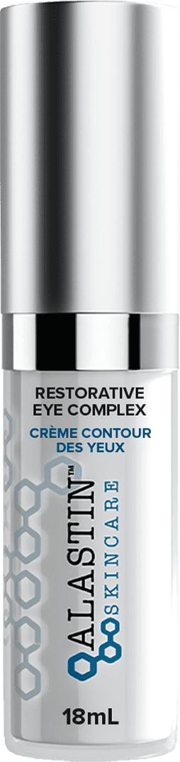 Sérum para a área dos olhos de Alastin. Embalagem cilíndrica de metal prateado. Rótulo na parte inferior com o texto "Restorative Eye Complex" e "Crème Contour des Yeux" em letras pretas sobre fundo branco.