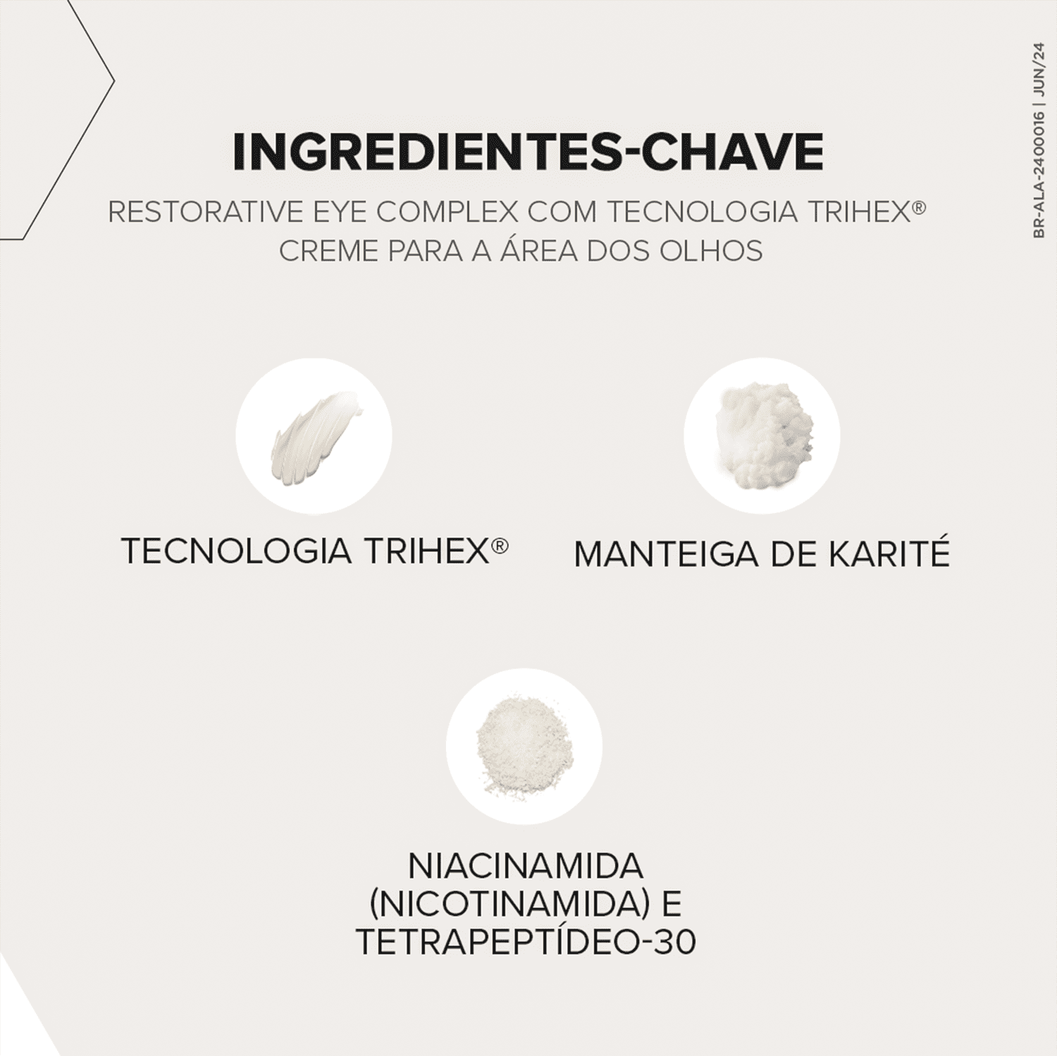 Destaca principais ingredientes do Sérum para a área dos olhos de Alastin: a Tecnologia Trihex, Manteiga de Karité e Niacinamida (Nicotinamida) e Tetrapeptídeo-30.