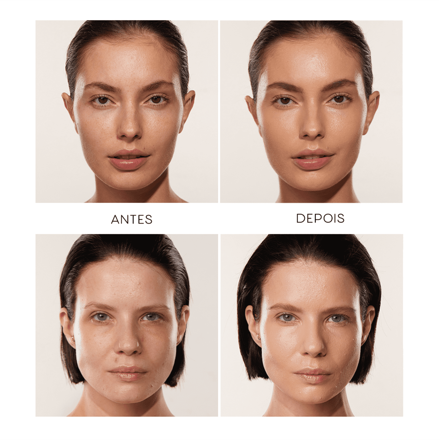 As imagens mostram antes e depois de duas mulheres, com os cabelos para trás e foco no rosto. Nas fotos "depois", as peles aparecem mais uniformes, com menos manchas e imperfeições visíveis.