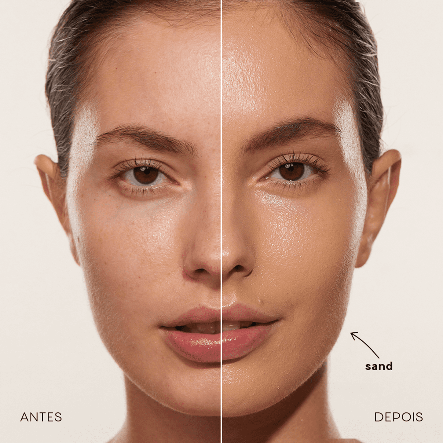 A imagem compara antes e depois do uso da Base Océane Edition Foundation Stick na cor Sand  À esquerda, o Antes, mostra uma pele com algumas imperfeições. À direita, a imagem Depois exibe a mesma pele com uma aparência mais uniforme, resultado da base.