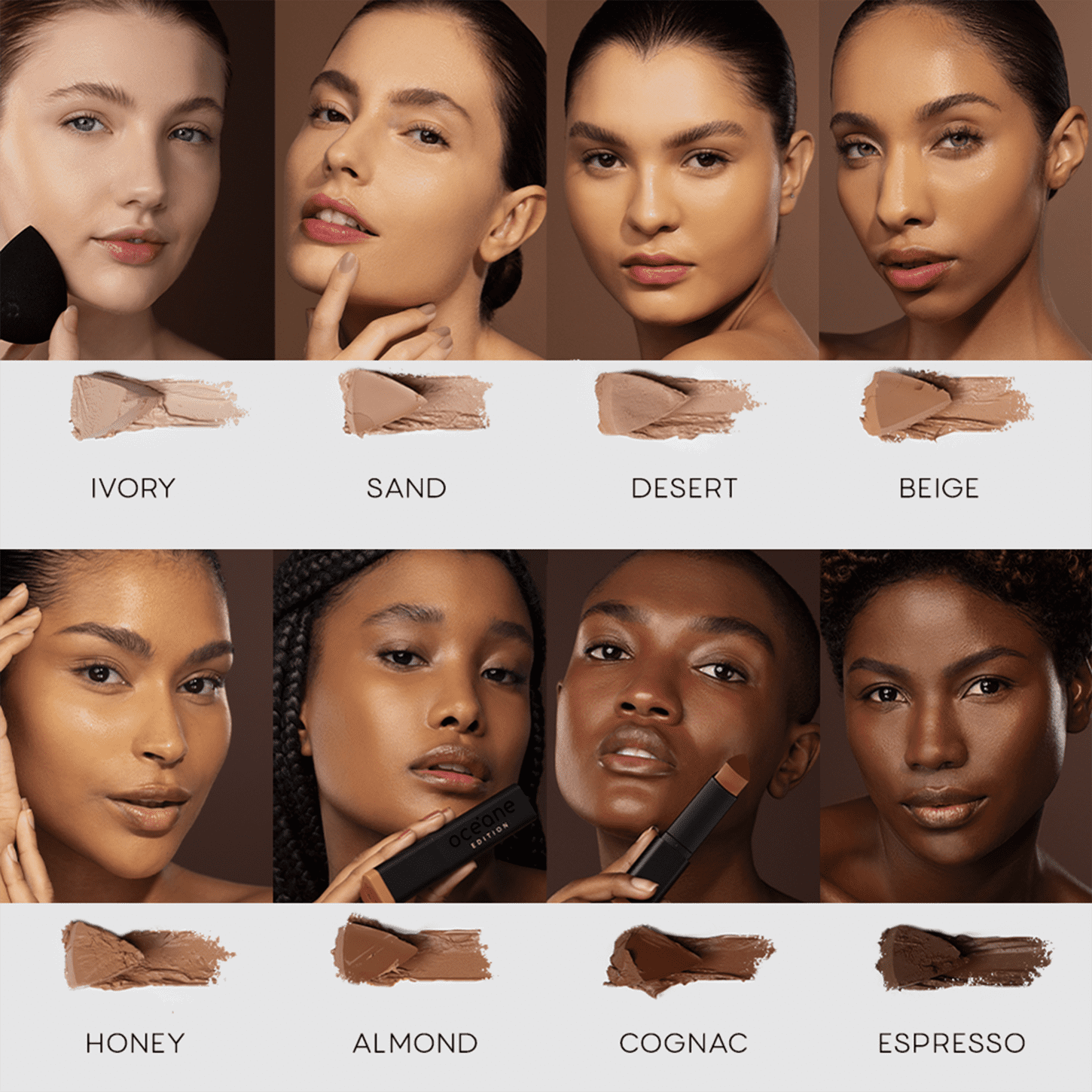A imagem apresenta os 8 tons da Base Océane Edition Foundation Stick, com os nomes "Ivory", "Sand", "Desert", "Beige", "Honey", "Almond", "Cognac" e "Espresso". É exibida uma amostra da cor e modelos com a pele correspondente à tonalidade.
