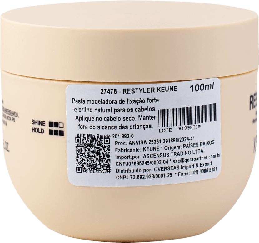 A imagem mostra a lateral da embalagem do produto Restyler da marca Keune. Há um rótulo com informações do produto em português, incluindo o nome "RESTYLER KEUNE", o volume de 100ml, instruções de uso e detalhes do fabricante.