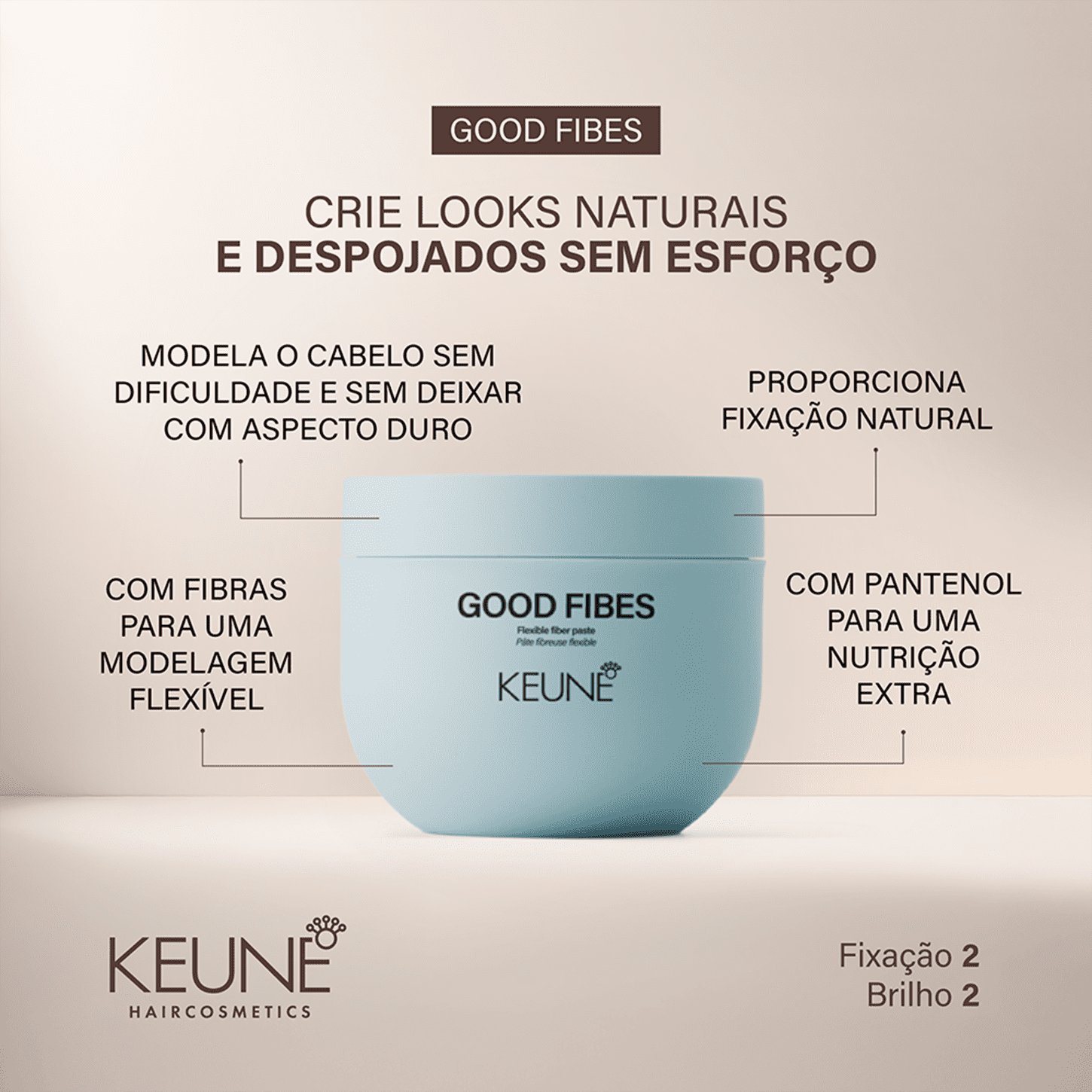 A imagem mostra o produto Good Fines da marca Keune e texto ao redor: com fibra para modelagem flexível, modela o cabelo sem deixá-lo com aspecto duro, proporciona fixação natural, com pantenol para nutrição extra.