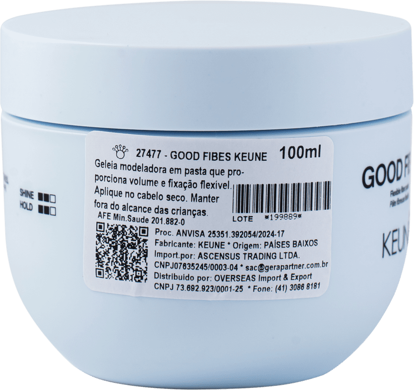 A imagem mostra rótulo com informações do produto em português, incluindo nome "Good Fibers Keune", volume de 100ml, instruções de uso e detalhes do fabricante. Código de barras e número de lote também estão visíveis no rótulo.