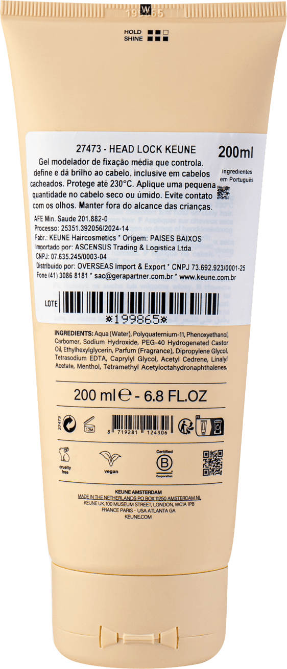 A imagem mostra a parte de trás do produto com 200ml de capacidade. Apresenta o rótulo com informações detalhadas do produto em português, incluindo nome "Head Lock Keune", descrição como gel modelador de fixação média, instruções de uso e ingredientes.