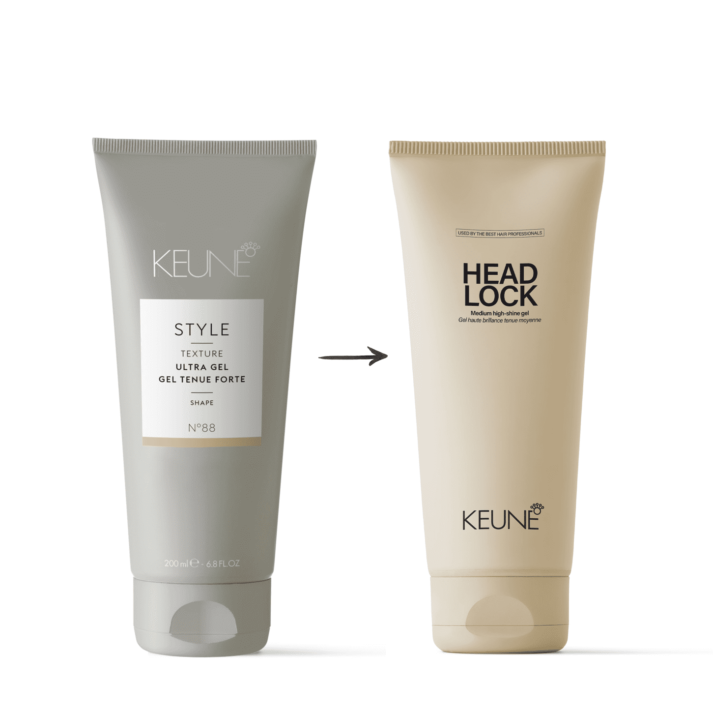 A imagem mostra dois produtos da marca Keune. À esquerda, o  "Style Texture Ultra Gel Gel Tenue Forte". À direita, o "Head Lock Medium high-shine gel". Uma seta entre eles indica semelhança ou substituição dos produtos.