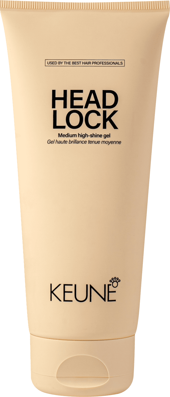 A imagem mostra o Gel Fixador Head Lock da marca Keune, com embalagem de cor bege. Traz o nome "Head Lock" em letras pretas, descrito como "Medium high-shine gel" (Gel de brilho médio). O logotipo da Keune aparece na parte inferior.