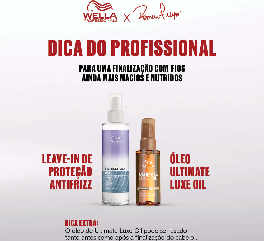 Imagem mostra dois produtos da linha Wella Professionals: um frasco de leave-in de proteção antifrizz Blondorplex e um frasco de óleo Ultimate Luxe Oil.