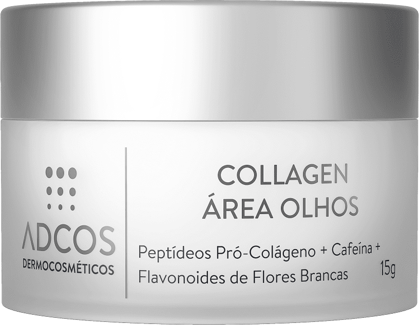 Recipiente branco com rótulo cinza e texto "COLLAGEN ÁREA OLHOS". Contém 15g de produto. Rótulo indica "Peptídeos Pró-Colágeno + Cafeína + Flavonoides de Flores Brancas" como ingredientes.