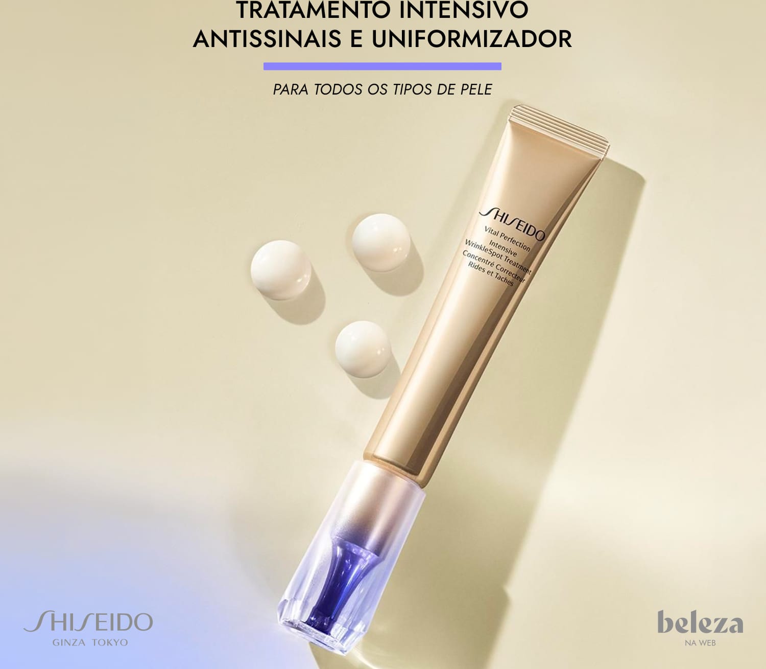 Tratamento intensivo antisssinais e uniformizador da marca Shiseido para todos os tipos de pele, em embalagem com tubo dourado.