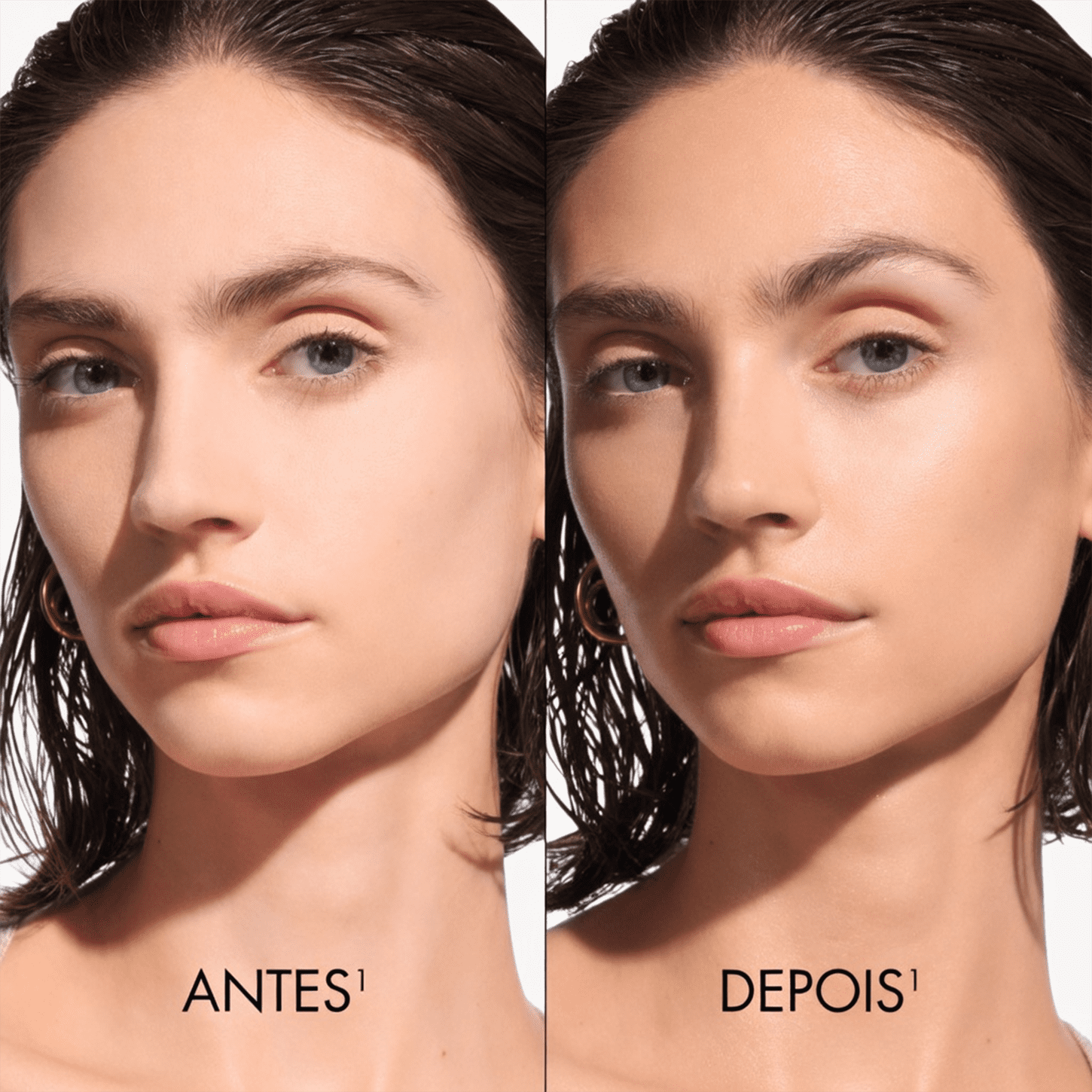 Imagem promocional de produto de beleza da marca Dior, apresentando antes e depois da aplicação do produto.