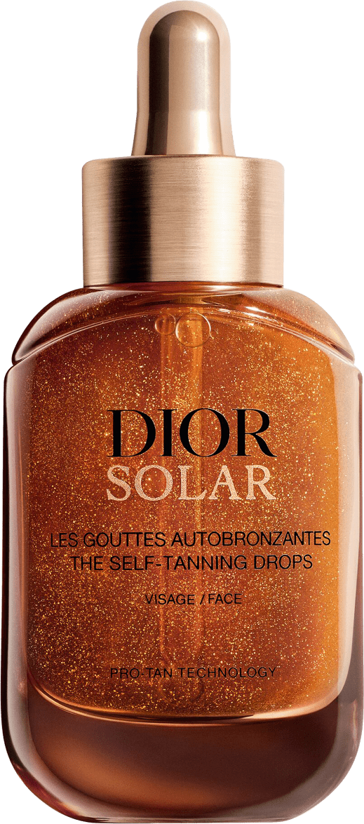 Frasco de vidro dourado com conta-gotas contendo sérum autobronzeador facial da marca Dior Solar, com rótulo em preto e dourado.