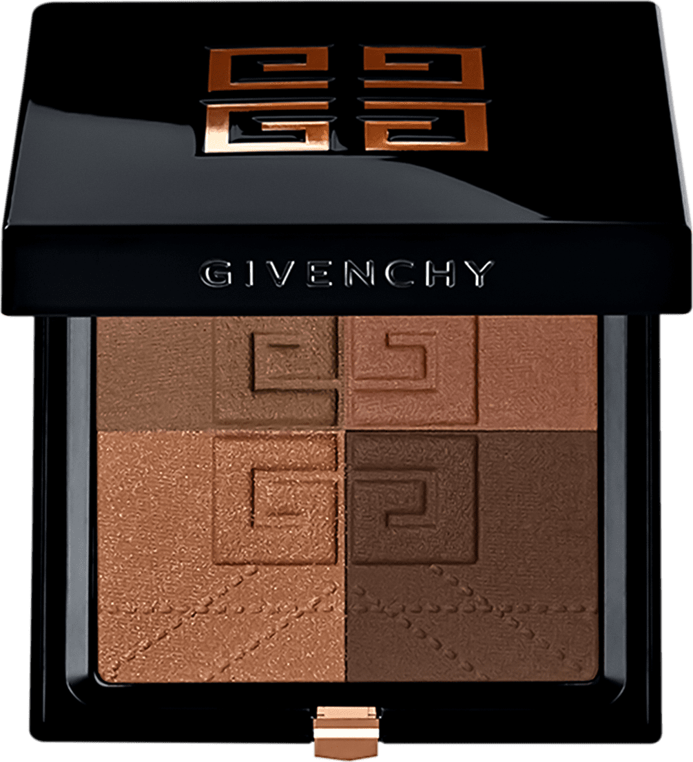 Caixa preta com logotipo da marca Givenchy em letras douradas. Contém 4 tons de marrom e dourado, com padrão geométrico em relevo.