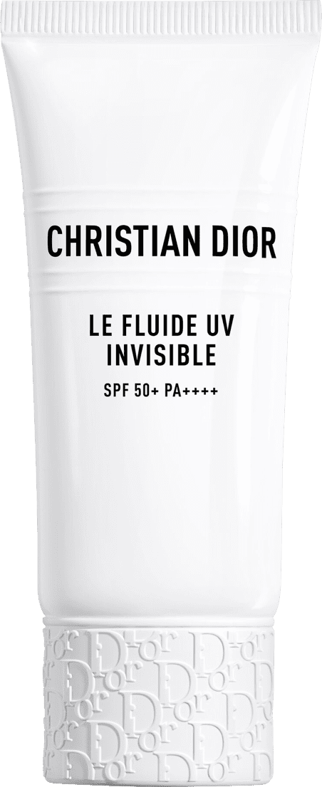 Tubo branco com rótulo preto exibindo o texto "CHRISTIAN DIOR LE FLUIDE UV INVISIBLE SPF 50+ PA+++". O produto parece ser um item de perfumaria com proteção solar.