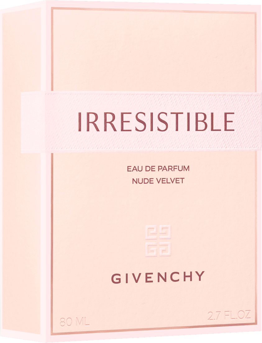 Caixa de perfume Irresistible da Givenchy, com embalagem rosa clara e texto em tom vinho. O frasco de perfume Eau de Parfum Nude Velvet está contido dentro da caixa.