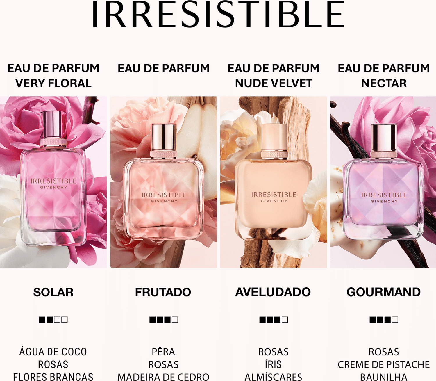 Frasco de perfume Irresistible da Givenchy, com embalagem em tons de rosa claro e branco. O rótulo destaca o nome "Irresistible" e a marca Givenchy em letras elegantes.