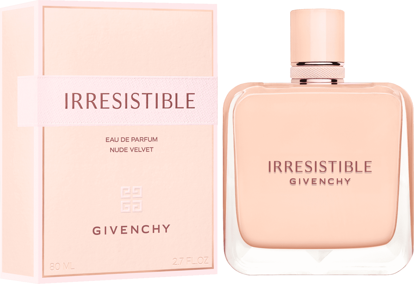 Frasco de perfume Irresistible da Givenchy, com embalagem em tons de rosa claro e branco. O rótulo destaca o nome "Irresistible" e a marca Givenchy em letras elegantes.