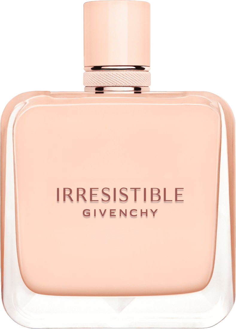 Frasco de perfume Givenchy Irresistible, com design elegante e minimalista em tons de rosa claro e detalhes em metal. O rótulo destaca o nome da fragrância em letras pretas.