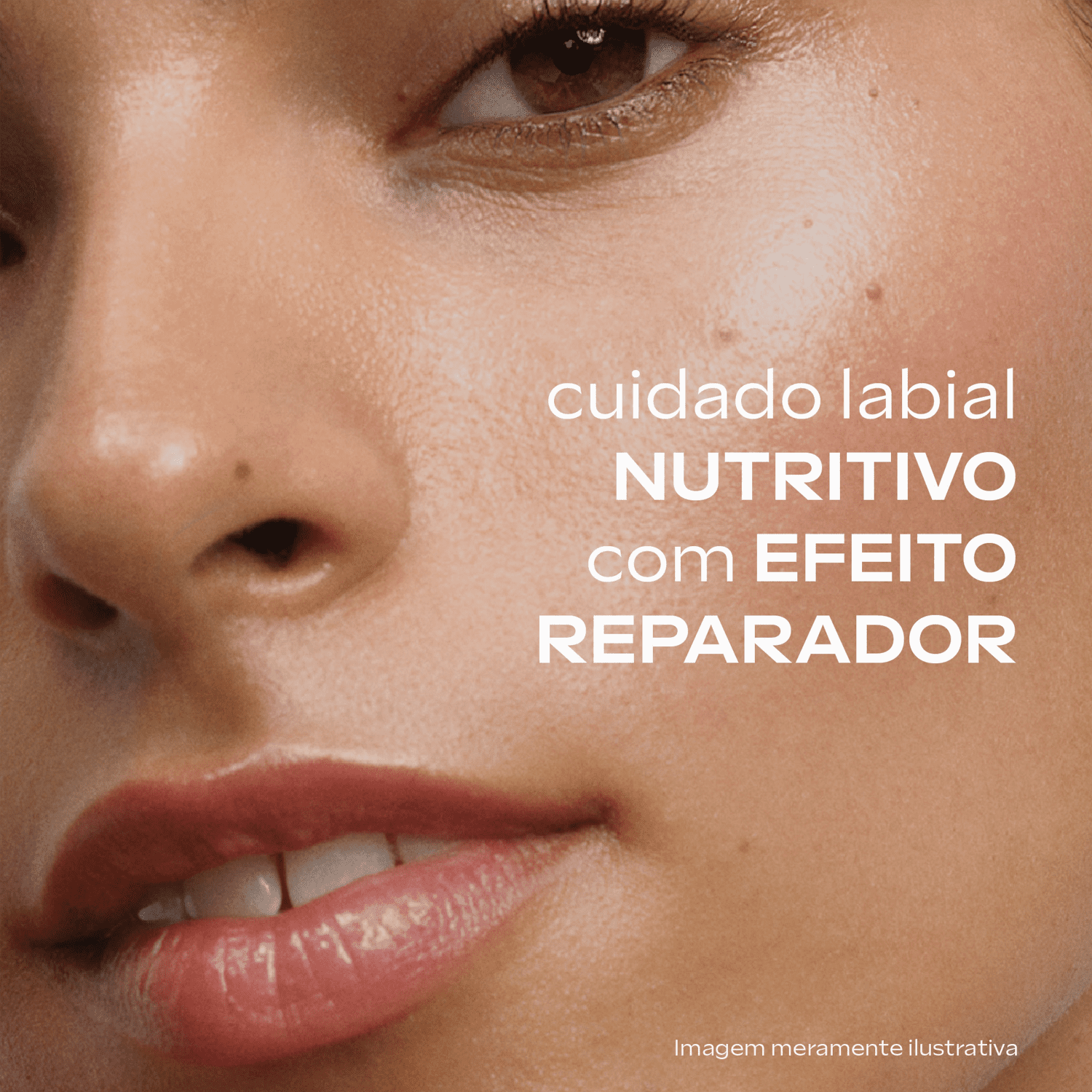 Imagem de mulher parda, com destaque aos lábios. Texto afirma: cuidado labiala nutritivo com efeito reparador.