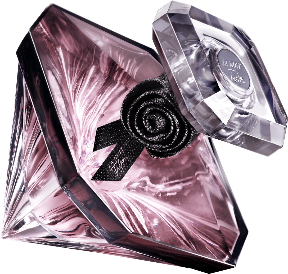 Frasco em formato de diamante com um laço em formato de rosa na tampa. Cores predominantes são roxo e preto.