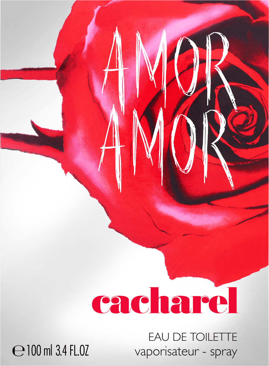 Caixa do perfume Cacharel Amor Amor, com rótulo em vermelho e branco destacando o nome da fragrância. A embalagem apresenta uma grande rosa vermelha em destaque, criando uma imagem sensual e romântica.