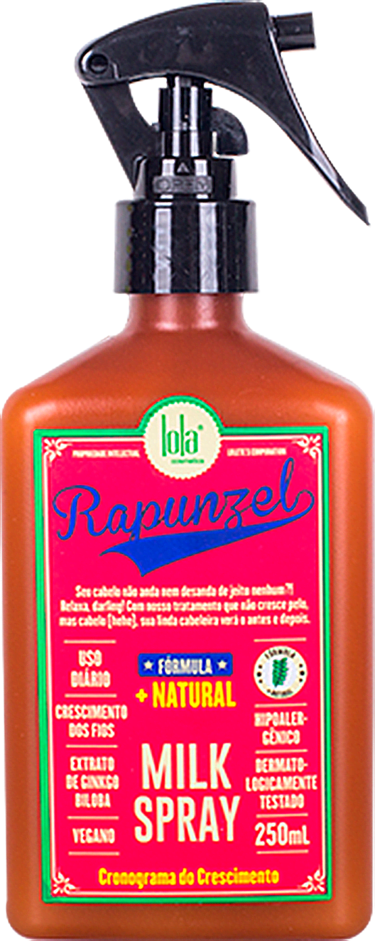 Frasco de spray de leite da marca Lola From Rio, com rótulo rosa e verde destacando a fórmula natural e vegana do produto. O frasco possui um gatilho preto e contém 250 ml do produto.