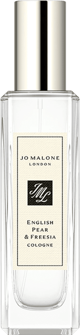 Perfume em frasco transparente retangular com tampa prateada. A embalagem exibe o logotipo e nome da marca "Jo Malone London" em letras pretas sobre fundo branco. O rótulo indica que é uma colônia com fragrância de "English Pear & Freesia".