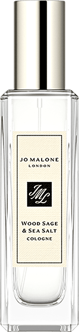 O produto apresentado é um frasco de perfume da marca Jo Malone London, com o nome "Wood Sage & Sea Salt Cologne" impresso no rótulo.