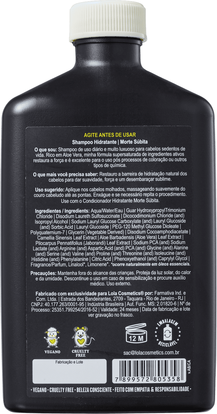 Frasco preto de shampoo hidratante "Morte Súbita" da marca Lola From Rio, com rótulo destacando ingredientes.