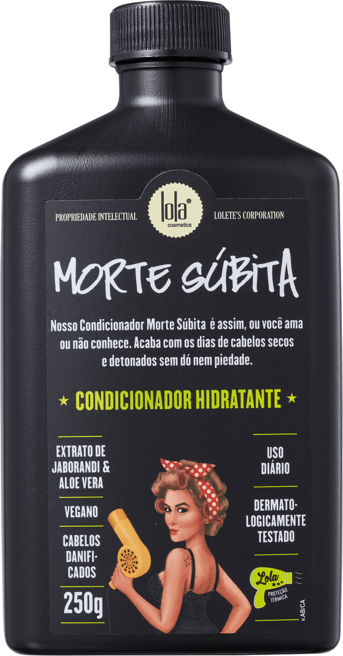 Frasco preto de condicionador capilar "Morte Súbita" da marca Lola From Rio, com rótulo destacando ingredientes.