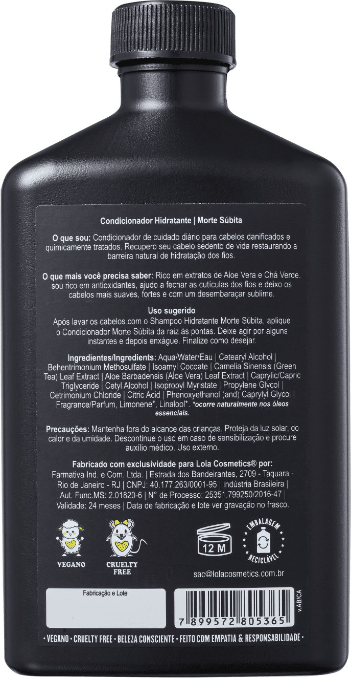 Frasco preto de condicionador capilar "Morte Súbita" da marca Lola From Rio, com rótulo destacando ingredientes.