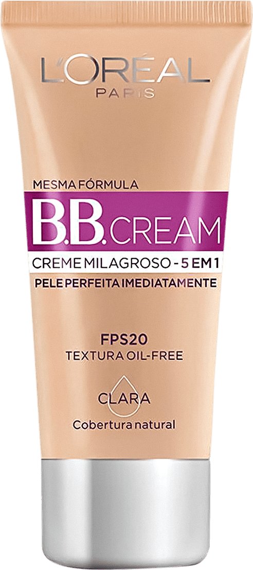 Tubo de BB Cream da L'Oréal Paris, com fórmula milagrosa 5 em 1, textura oil-free e cobertura natural. Embalagem em tons de bege e roxo, com informações sobre o FPS 20 e a cor clara.